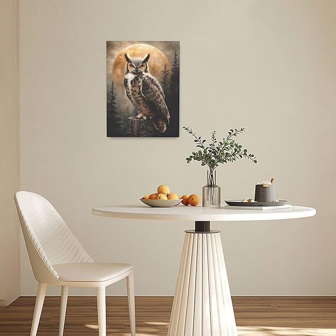 Cabin Owl Wall Art Moon and Forest Canvas Wall Decor Rustic Animal Pictures Paintings Prints Mystical Wildlife Artwork Framed Decorations For Bathroom Bedroom Living Room Office Gifts 12" x 16"