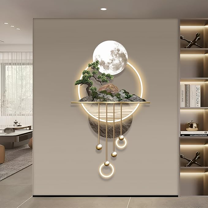 3D Art Wall Decor with Light, Decor Wall Sculptures Large 3D Art, Modern Home Decor Landscape Wall Sculpture, Plug-in Power Supply, Gold A, 23x49IN