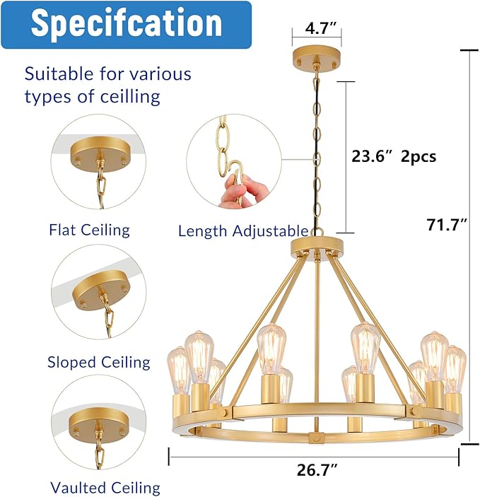 9MMML Gold Wagon Wheel Chandelier, 10-Light Industrial Pendant Light, 26.7'' Farmhouse Ceiling Hanging Chandelier Light Fixture for Living Room, Bedroom, Entryway, Foyer