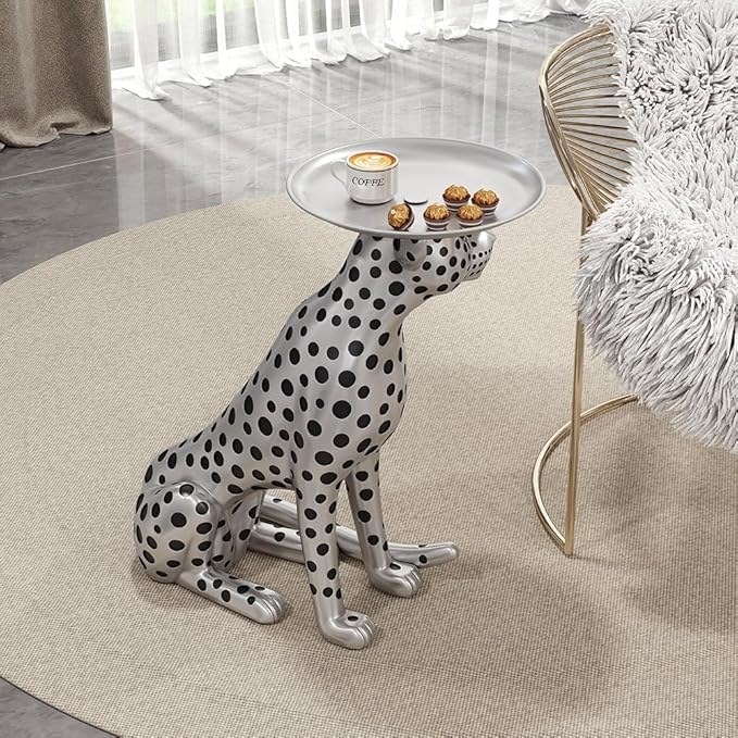 LOVEDIMA 24.2" Resin Panther Statue Luxury Silver Leopard Floor Figurine Accent Side Statue with Tray Top for Small Space Living Room Bedroom