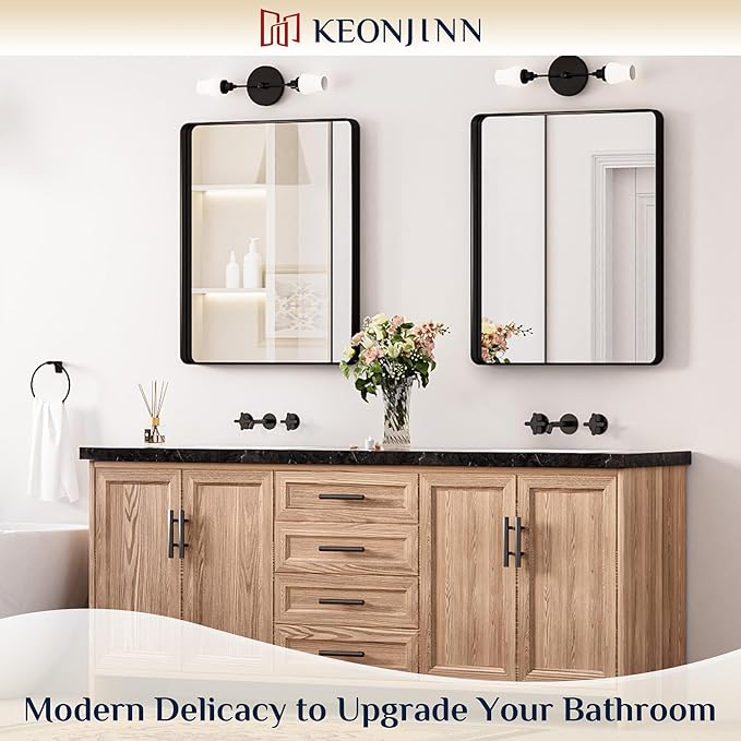 Keonjinn Black Mirror for Bathroom Sink, 24 x 30 Inch Sandblasted Finish Aluminum Wall Mirrors, Matte Black Rectangle Farmhouse Mirror with Shatterproof HD Tempered Glass, Anti-Rust Metal Frame