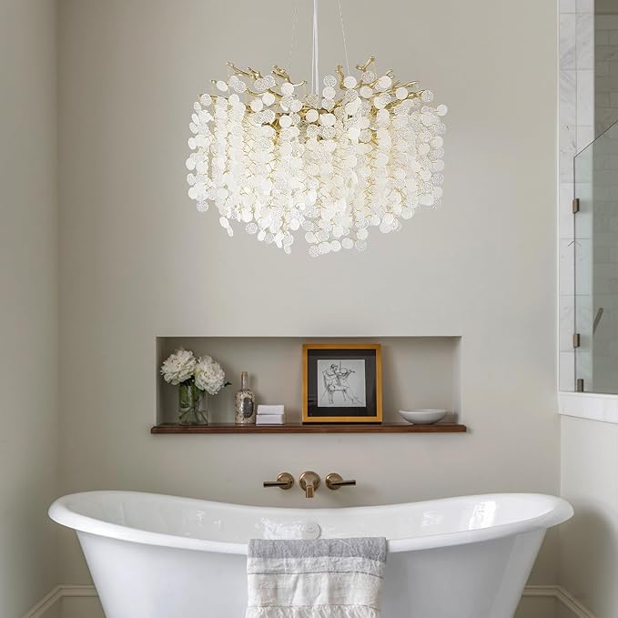 24-Inch Capiz Shell Chandelier, 8-Light Gold Coastal Chandelier, Modern Crystal Tree Branch Chandeliers, Boho Light Fixture for Bedroom, Living Room, Foyer, Entryway, Stairwell