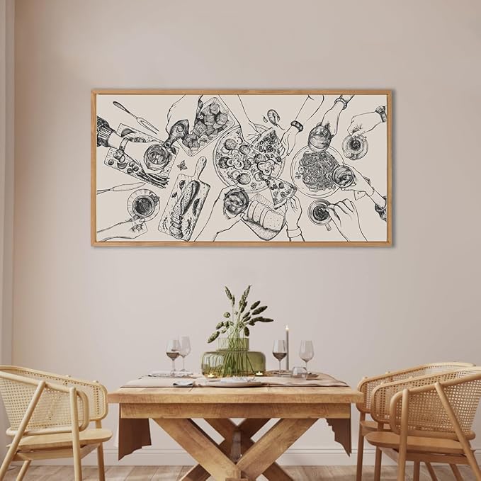 BINCUE Large Framed Wall Art Food and Drink Canvas Wall Decor Pizza Cheers Sketch Painting Retro Canvas Wall Art for Kitchen Dining Room Restaurant Used for Gatherings Decor