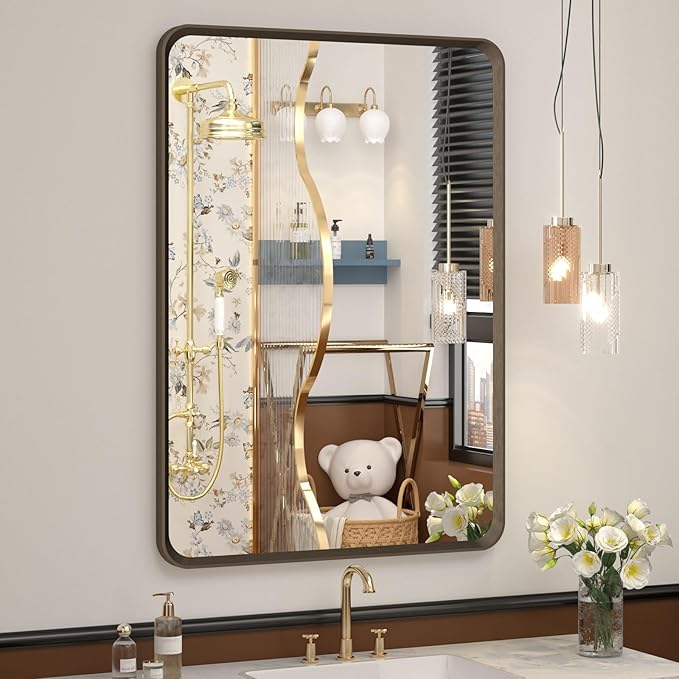 OKPAL 24x32 Bronze Bathroom Mirror, Bronze Frame Rectangle Mirror, Brushed Bronze Vanity Mirror, Round Corner, Wall-Mounted, Anti-Rust, Hangs Horizontally or Vertically