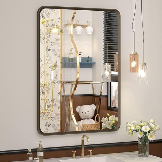 OKPAL 24x32 Bronze Bathroom Mirror, Bronze Frame Rectangle Mirror, Brushed Bronze Vanity Mirror, Round Corner, Wall-Mounted, Anti-Rust, Hangs Horizontally or Vertically