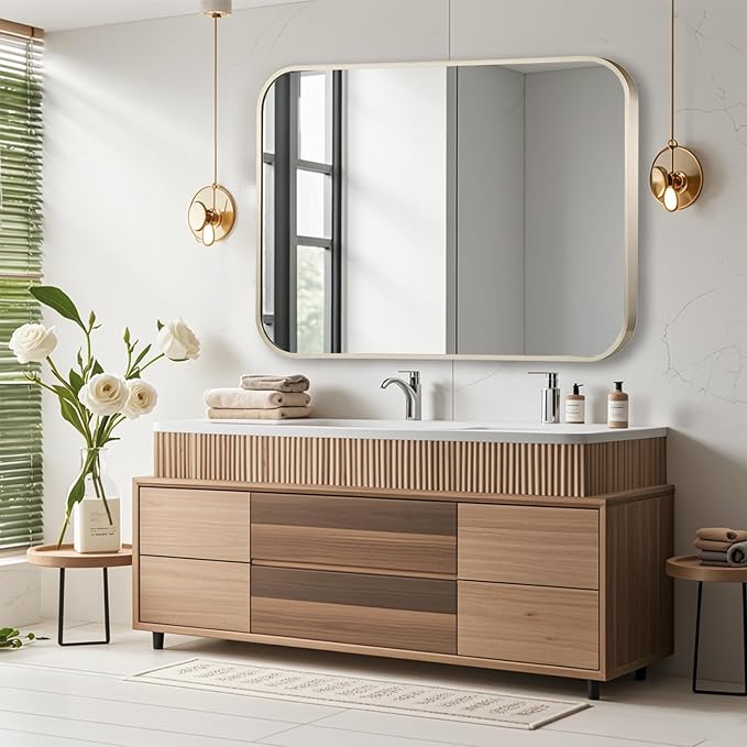 22x30 Inch Brushed Nickel Bathroom Mirror, Framed Rectangle Mirror with Rounded Corner, Brushed Mirror, Silver Bathroom Mirror for Over Sink, Vanity, Living Room, Bedroom, Horizontal/Vertical