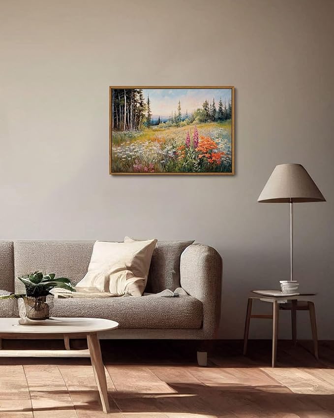 KISSFOX Vintage Framed Wall Art Mountain Meadow Wildflower Landscape Colorful Canvas Art Nature Serene Countryside Paintings Artwork Farmhouse Rustic Art Prints For Bedroom Bathroom Living Room