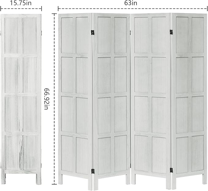 4 Panel Room Divider and Folding Privacy Screen, Classic 5.6Ft Wood Room Divider Wall, Partition Screen Divider for Room Separation for Home Office, Bedroom, Office, Dressing Room, White