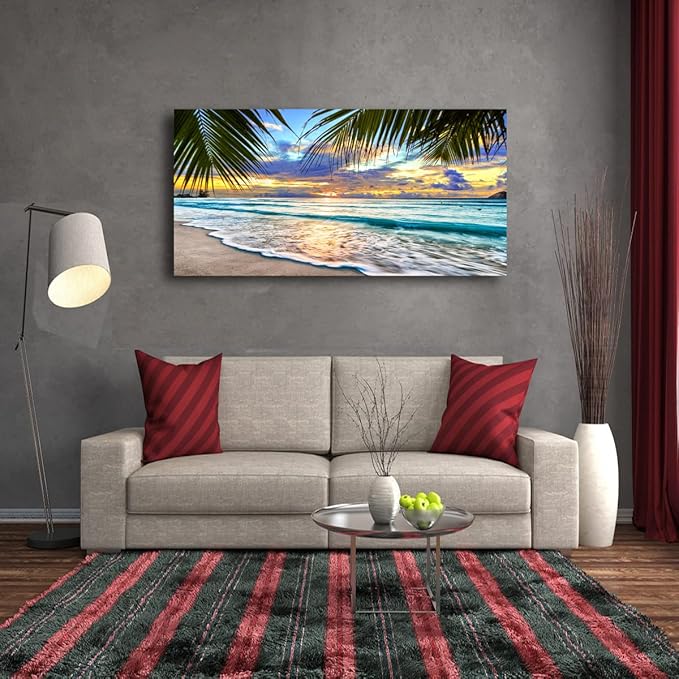 Beach Canvas Wall Art Seascape Theme Pictures Home Decor Blue Ocean White Wave Palm Tree Prints Paintings for Living Room Bathroom Bedroom Kitchen Office Decoration Natural Scenery Artwork 24x48inches