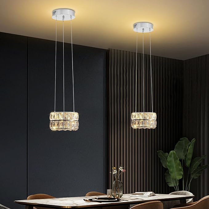 Led Ring Crystal Chandelier, Modern Dimmable Chandeliers Lighting and Hanging Adjustable, LED Round Ceiling Light Fixtures for Dining Room Living Room 7.8'' Silver