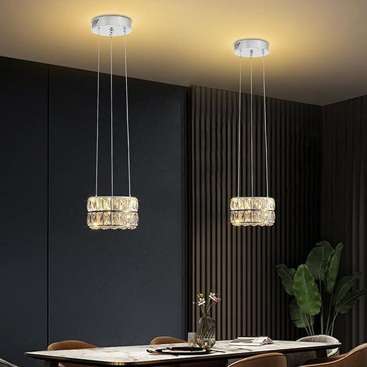 Led Ring Crystal Chandelier, Modern Dimmable Chandeliers Lighting and Hanging Adjustable, LED Round Ceiling Light Fixtures for Dining Room Living Room 7.8'' Silver