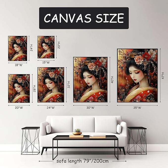 Japanese Geisha Canvas Wall Art, Geisha Girl Canvas Print, Gold Red Floral Kimono Canvas Art, Geisha Wall Art, Luxury Zen Wall Art, Asian Poster, Traditional Living Room Wall Art (Black Framed, 20"x28" | 51x71cm)