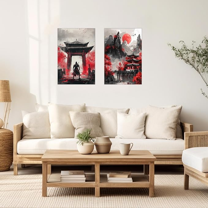 SWQYLB Japanese Wall Art 2 Piece Samurai Art Wall Decor Japanese Landscape Pictures Canvas Prints Asian Oriental Home Decor Framed (Red, (16"x24"x2 Pieces))