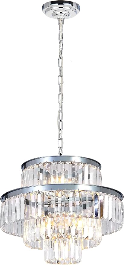 Modern Crystal Chandelier 20" Chrome Round Pendant Light, 4-Tier Luxury Ceiling Light Fixture with Clear Prisms for Dining Room Living Room Foyer
