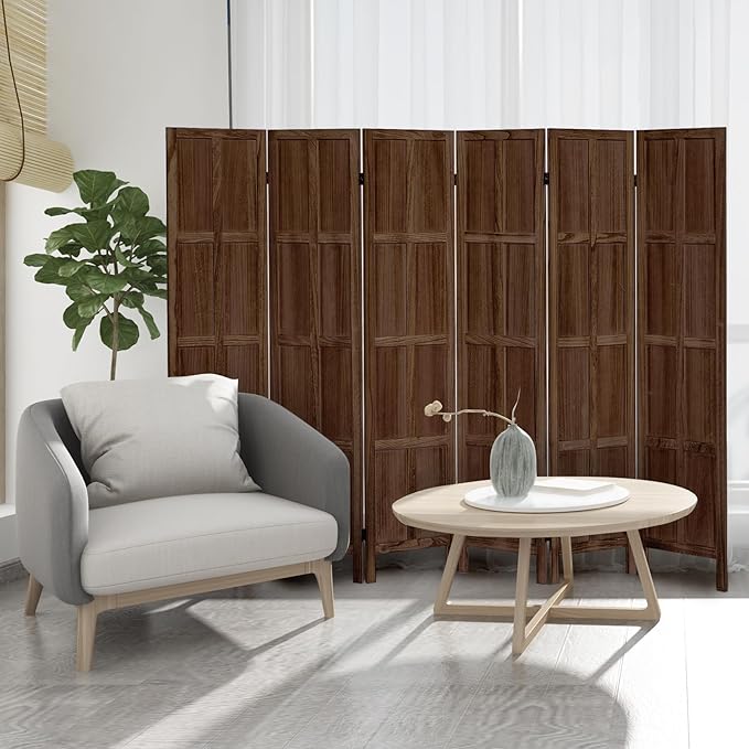6 Panel Room Divider and Folding Privacy Screen, Classic 5.6Ft Wood Room Divider Wall, Partition Screen Divider for Room Separation for Home Office, Bedroom, Office, Dressing Room, Brown