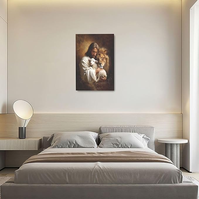 Jesus Lion Lamb Wall Art Christian Jesus Wall Decor Lion of Judah Pictures Religious God Canvas Painting Print Christ Artwork Decoration for Living Room Bedroom Church Framed Gifts 16”X24”