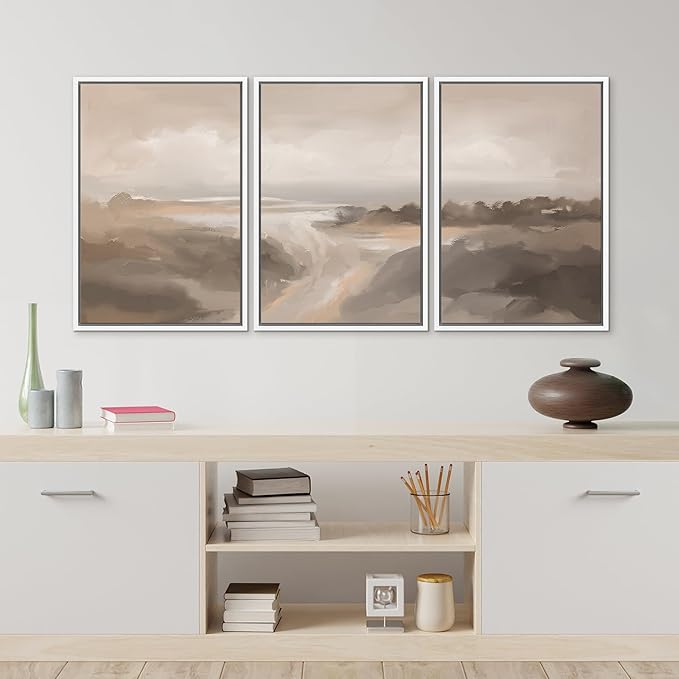 MUDECOR Framed Canvas Print Wall Art Serene Landscape Neutral Coastal Illustrations Realism Decorative for Living Room, Bedroom, Office - 16"x24"x3 White