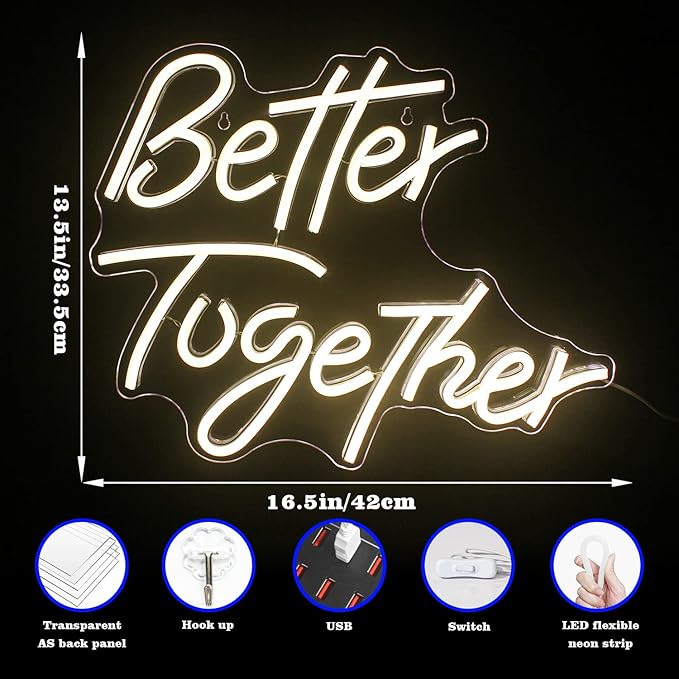 Looklight Better Together Neon Sign,Neon Light for Wall Decor,Wedding Neon Sign,Warm White Led Neon Light USB Letters Neon Signs Led Signs for Wedding,Engagement Party,Birthday