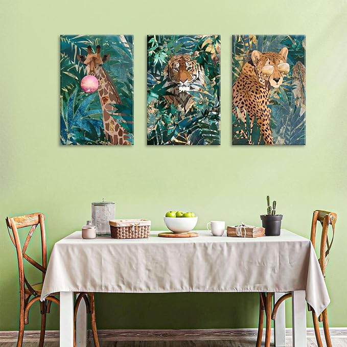 Large Boho Animal Canvas Wall Art Living Room Bedroom Wall Decor Tiger Leopard Giraffe Wildlife Paintings Vintage Green Leaves Plants Artwork Kitchen Turquoise Bohemia Home Decorations 24x36" 3 Pieces
