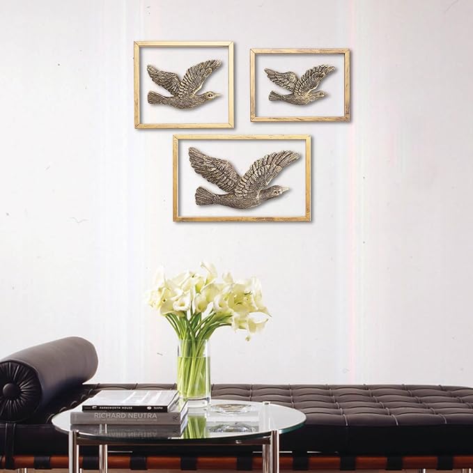 Newinhome Golden Seagull - Handcrafted Resin Bird Figurines Set of 3,Herring Gull Elegant Home Decor for Shelf/Tabletop/Mantel, Wedding Gift & Anniversary Present