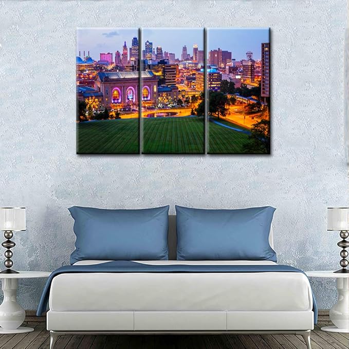 Kansas Cityscape Canvas Print Downtown Kansas City Skyline as Night Falls in Kansas City Canvas Wall art Large Size Gallery Wrapped Canvas on Pine Wooden Frame and Stretch - 40‘’ x 20‘’ x 3 panels