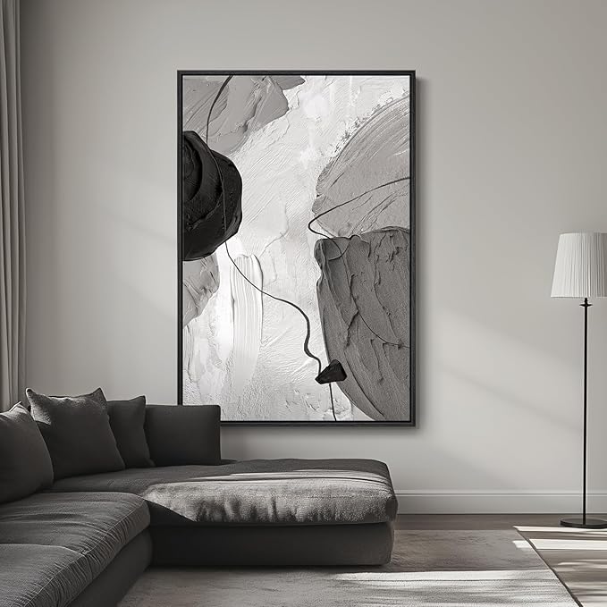 Large Framed Black and White Modern Abstract Vertical Wall Art for Living Room, Canvas Prints Paintings Artwork for Walls, Minimalist Gray Pictures for Hallway Stair Office Wall Decor 40x60 In