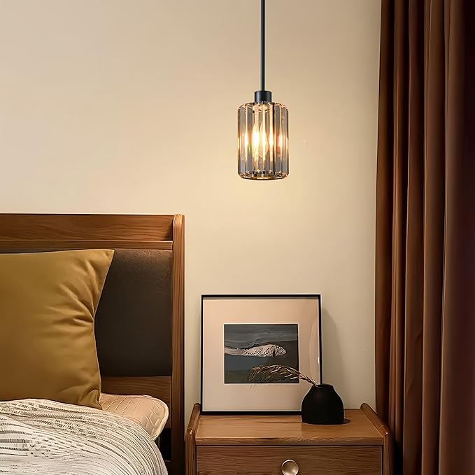 Modern Mini Crystal Pendant Lights Chandeliers Adjustable Sloped LED Hanging Ceiling Fixture Glass small Crystals for Kitchen Island Bathroom Living Room, Dining Room, Hallway, Bar 1PC (Black)