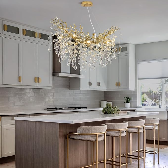 L36inch Crystal Rectangle Chandelier for Dining Room, Gold Tree Branch Chandeliers Over Table, Top K9 Crystal Modern Chandeliers for Kitchen Island,Dining Table,Luxury Rectangular Chandelier