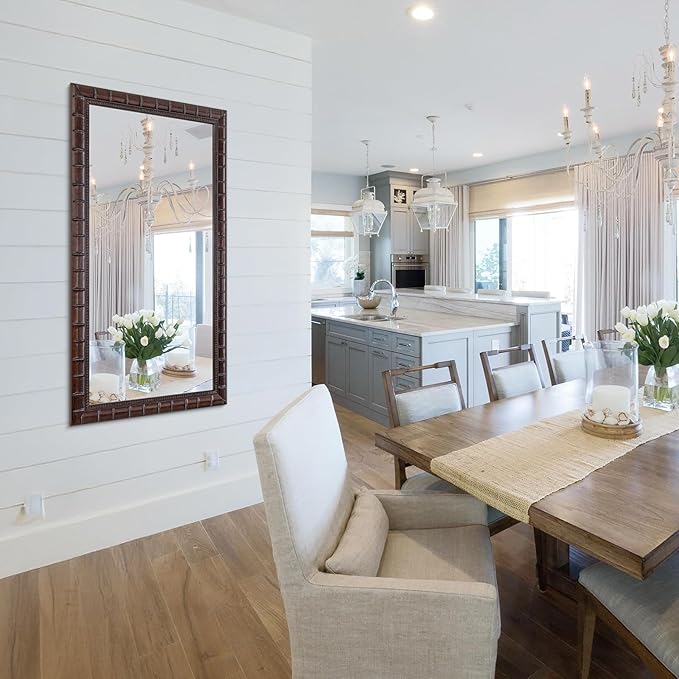 Large Brozne Decorative Mirror for Living Room, 53'' x 29'' Antiuqe Dining Room Mirrors with Bamboo-Joint Frame, Classic Vintage Brozne Wooden Mirror for Entryway, Fireplace, Horizontal/Vertical