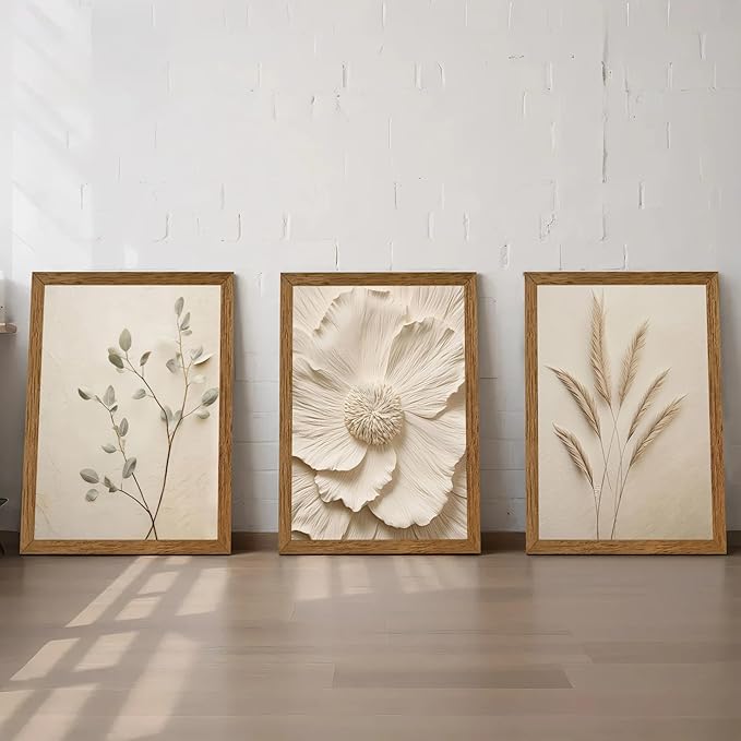 JLTULT 3 Piece Framed Neutral Beige Floral Canvas Wall Art, Modern Simple Texture Blossom Wall Decor, Vintage Botanical Flower Art Prints for Living Room Bedroom Farmhouse 16x24 inch Ready to Hang