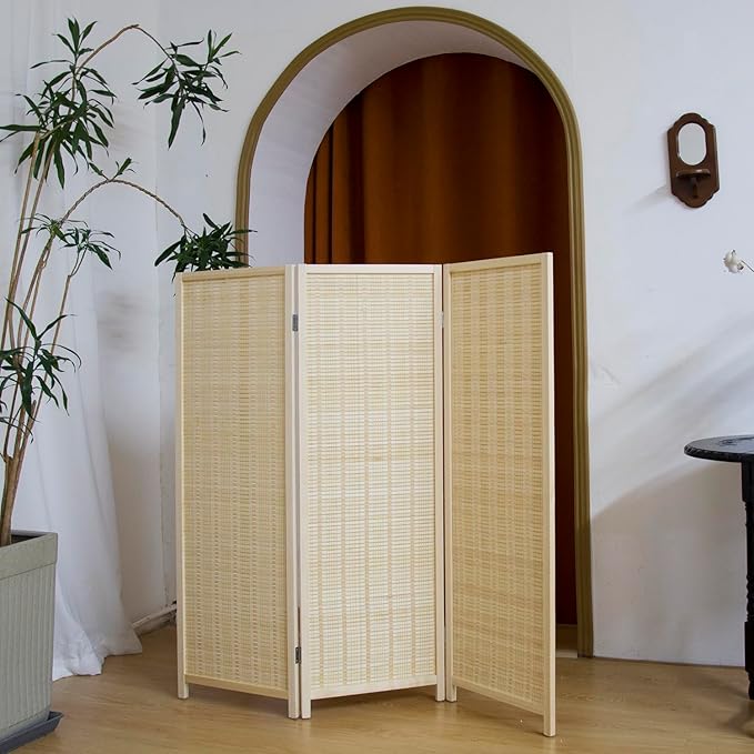 3 Panel Short Panel Divider Screen,3.95 FT Tall Bamboo Room Divider Folding Privacy Screen,Short Panel Divider Freestanding Room Divider for Room Seperation,Beige