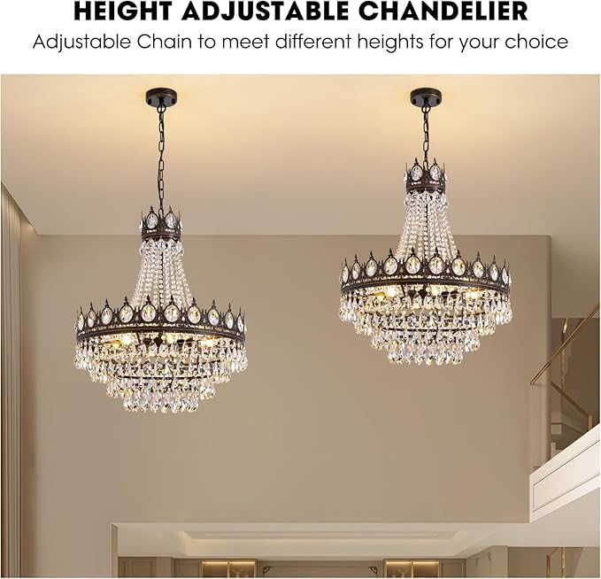 7PM Large Crystal Chandeliers, Vintage French Empire Chandelier, Antique Bronze Crystal Pendant Light, Rustic Farmhouse Ceiling Light for Dining Room Bedroom Living Room Kitchen Foyer, W 24"