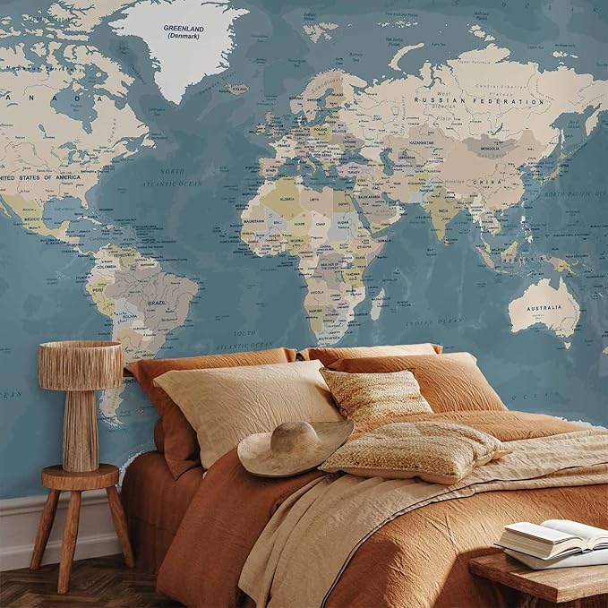 artgeist Premium Wall Mural World Map 79x55 in - XXL Non-Woven Wallpaper Fleece Wall Decor Photo Print Picture Image Design Home Map of The World k-B-0063-a-a