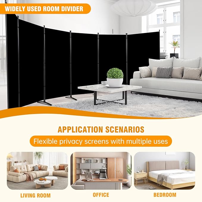 6 Panel Folding Privacy Screens, 6 FT Tall Wall Divider with Metal Frame, Freestanding Room Divider for Office Bedroom Study (6 Panel, Black)