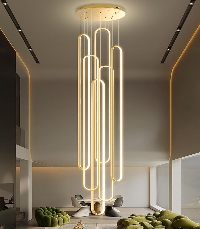 6 Rings Modern Large Chandelier for Staircase High Ceiling Chandelier LED Dimmable Black Chandeliers for Foyer Living Room Villa Gold