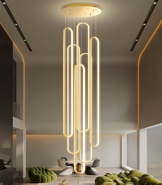 6 Rings Modern Large Chandelier for Staircase High Ceiling Chandelier LED Dimmable Black Chandeliers for Foyer Living Room Villa Gold