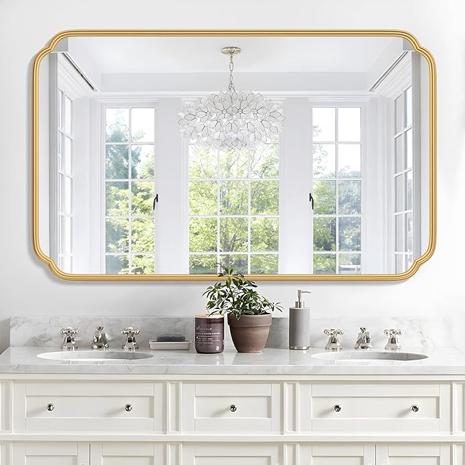 30"x48" Gold Bathroom Mirror for Wall, Large Brass Gold Bathroom Vanity Mirror for Over Sink, Rounded Rectangle Mirror in Premium Iron Metal Frame Hangs Horizontal Or Vertical