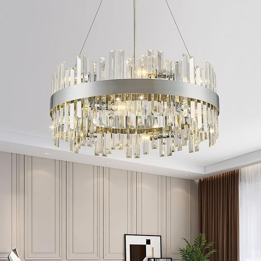 24'' Modern Chrome Crystal Chandeliers for Dining Room,2 Tiers 12 Lights Raindrop Round Chandelier Adjustable Height,Luxury Dimmable Pendant Ceiling Light for Living Room Kitchen Island Foyer