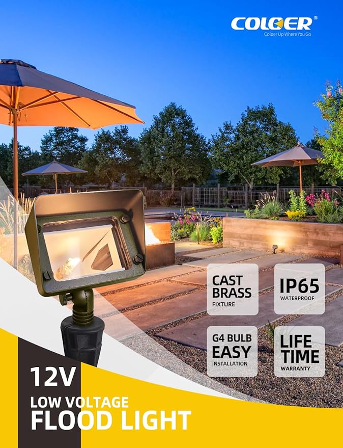 COLOER Brass Rectangular Flood Lights 10-Pack Without Blub, 12V Low Voltage Landscape Floodlights for Outside, Outdoor Wall Lights Illuminating Signs, Walls and Plant Material