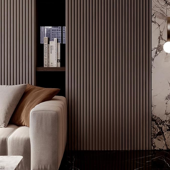 4PCS Acoustic Wood Slat Wall Panels for Wall Decor and Ceiling 3D Fluted Sound Absorbing Panel Soundproof with Wood Finish 108"×6" (Walnut Brown)