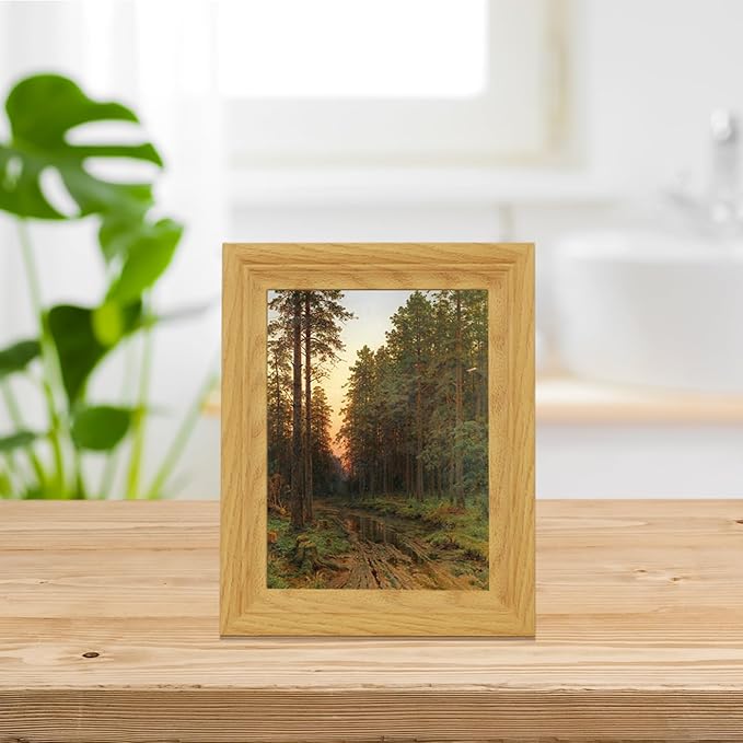Brivoria Framed Canvas Wall Art Vintage Decor, Rustic Autumn Forest Print with Pine Trees, Muddy Path, Sunset Glow and Water Reflections for Entryway Tabletop or Reading Nook Fall Display, 8"x10"