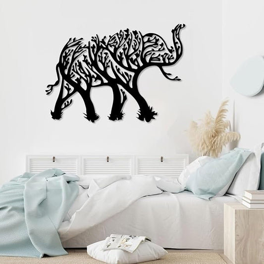 OSTCAL Metal Elephant Wall Decor, Metal Elephant Tree Wall Art, Geometric Elephant and Tree Decor, Animal Wall Art, Metal Wall Art, Wildlife Lover Gift, Home Decor (Black, 30"x21" | 76x54cm)