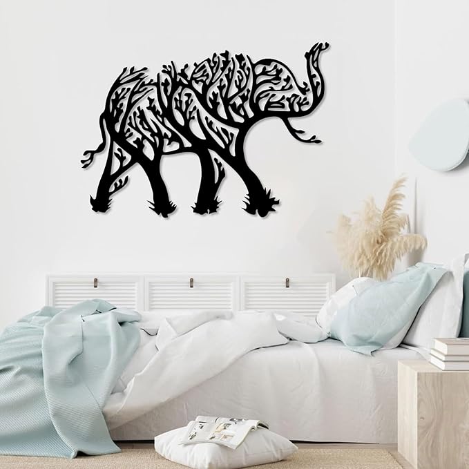 OSTCAL Metal Elephant Wall Decor, Metal Elephant Tree Wall Art, Geometric Elephant and Tree Decor, Animal Wall Art, Metal Wall Art, Wildlife Lover Gift, Home Decor (White, 48"x34" | 121x86cm)