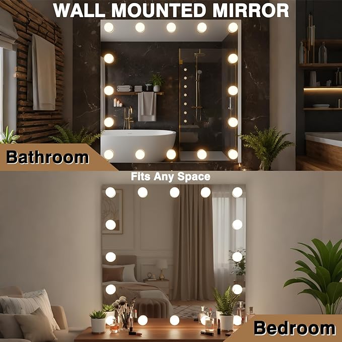 40x24 Hollywood Bathroom Mirror with Lights, Wall Mounted Mirror with LED Bulbs, 3 Colors and Dimmable Light, Defog Mirror, Tempered Glass, Memory, Waterproof, ETL Listed, Horizontal/Vertical