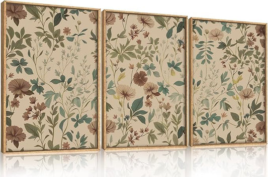 Large Abstract Vintage Floral Framed Canvas Wall Art Set,Boho Retro Neutral Wildflower Wall Decor,Mid Century Antique Flower Botanical Artwork for Living Room,Bedroom,Farmhouse- 24"x36"x3