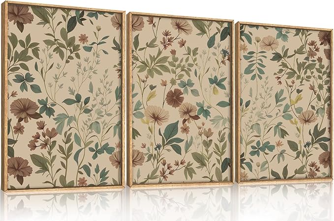 Large Abstract Vintage Floral Framed Canvas Wall Art Set,Boho Retro Neutral Wildflower Wall Decor,Mid Century Antique Flower Botanical Artwork for Living Room,Bedroom,Farmhouse- 16"x24"x3