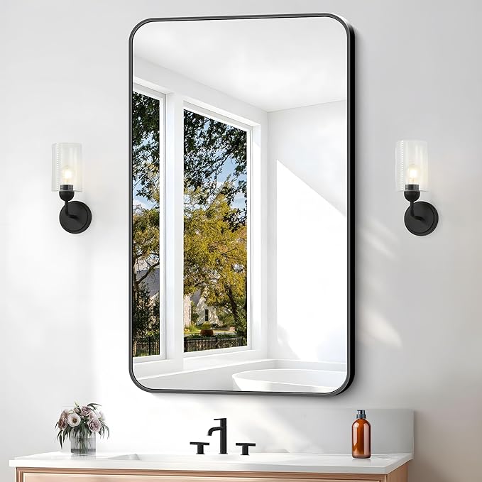 BONEWEI 24x40 inch Bathroom Mirror,Black Rectangle Mirror,Wall Mounted Bathroom Frame Vanity Mirror with Round Corner for Bedroom Living Room,Entryway Hangs Horizontal or Vertical