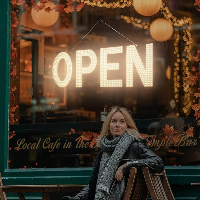 LED Open Sign for Business, 40"x14" Dimmable Brightness Large Electric Light Up Sign, Hanging Installation for Store Restaurant Office Bar Hotel Salon (warm white)