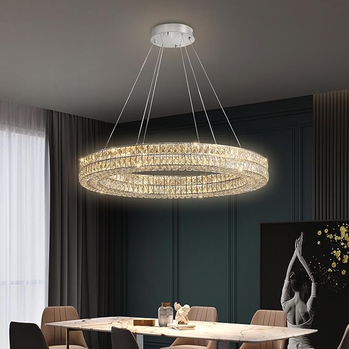 47.5in Large Ring Chandelier Round Crystal Chandelie for Living Room Led Dimmable Ring Pendant Light Ceiling Lighting 2700k-6000k