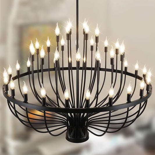 Large Black Chandelier 48 Light for High Ceilings, Big Farmhouse Wagon Wheel Chandelier for Dining Room 3-Tier 47.2 in for Hallway, Living Room, Foyer